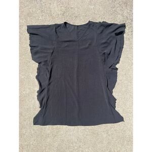 Shein Dress Women Size Medium Black V-Neck Short Sleeve Mini Ruffle Trim Casual‎